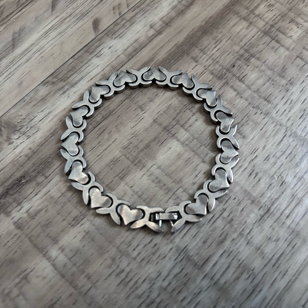 Vintage 925 sterling silver heart link bracelet fold-over locking clasp 26g - Picture 2 of 6